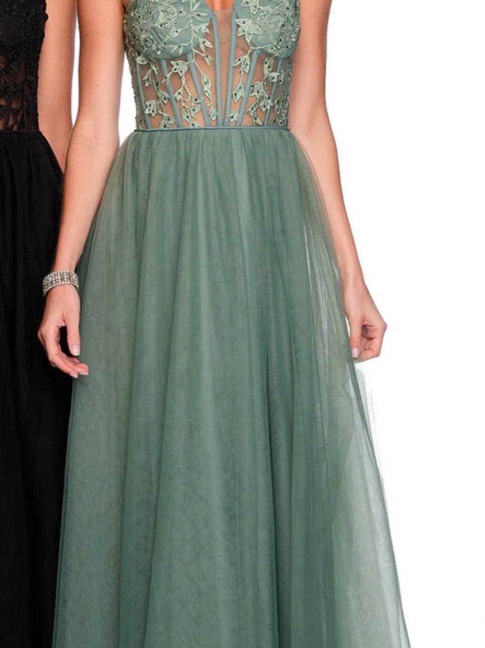 Dave & Johnny Sage Green Tulle Prom Gown with Floral Bodice